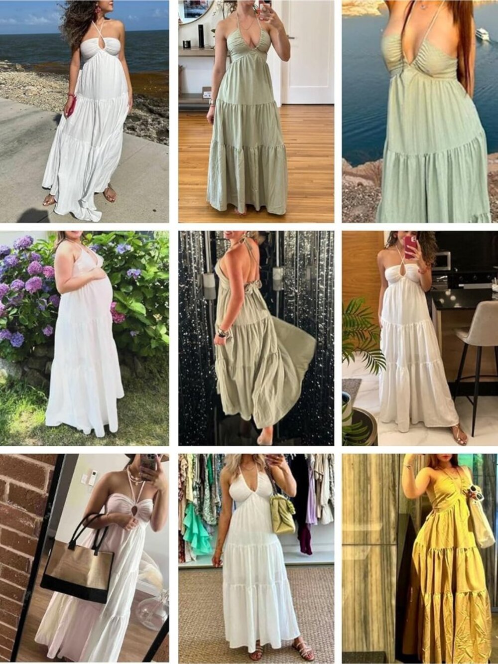 Women's Maxi Summer Dresses Beige Halter V Neck Beach Dresses A-Line Dress - Picture 7 of 7